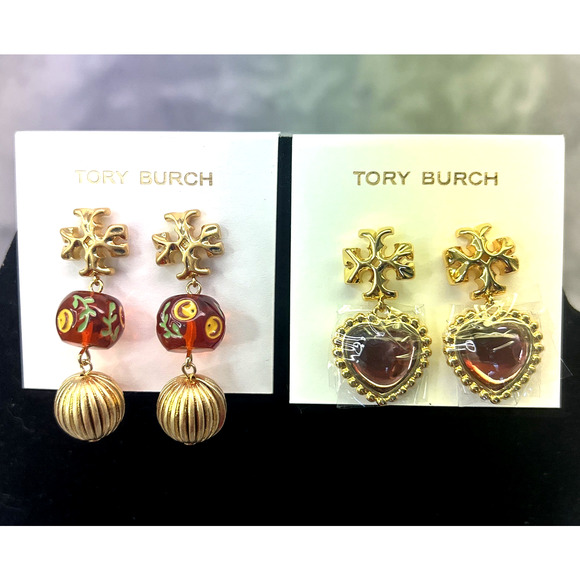NEW Lot of 2 Tory Burch Gold-Tone Logo Dangle Earrings w/ Stones & Beads - Picture 1 of 15